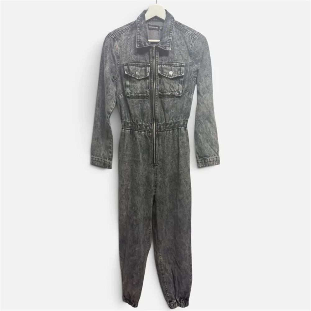 PrettyLittleThing Acid Wash Black Denim Jumpsuit Utility Zip Front Cuffed